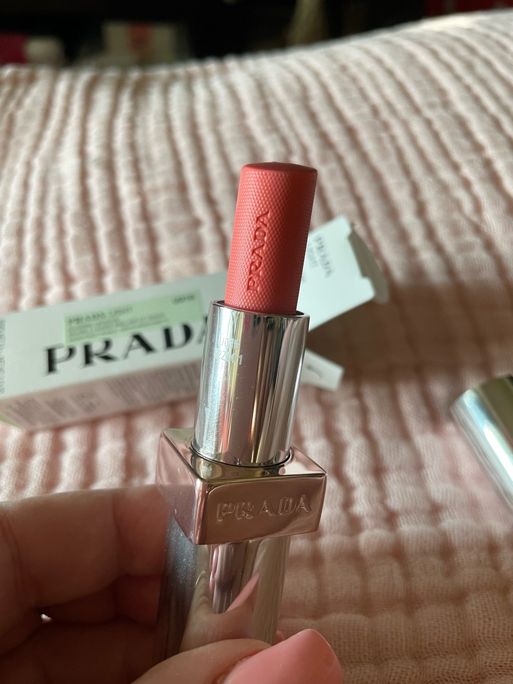 Prada Coral Pink Lipstick — Satin Coral Hue